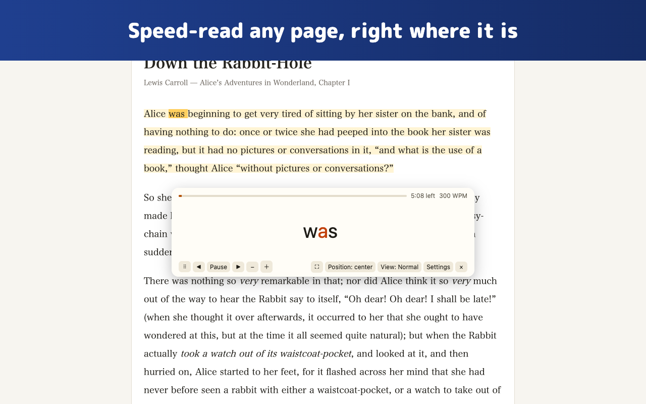 A reading card floating over a story, showing one word at a time