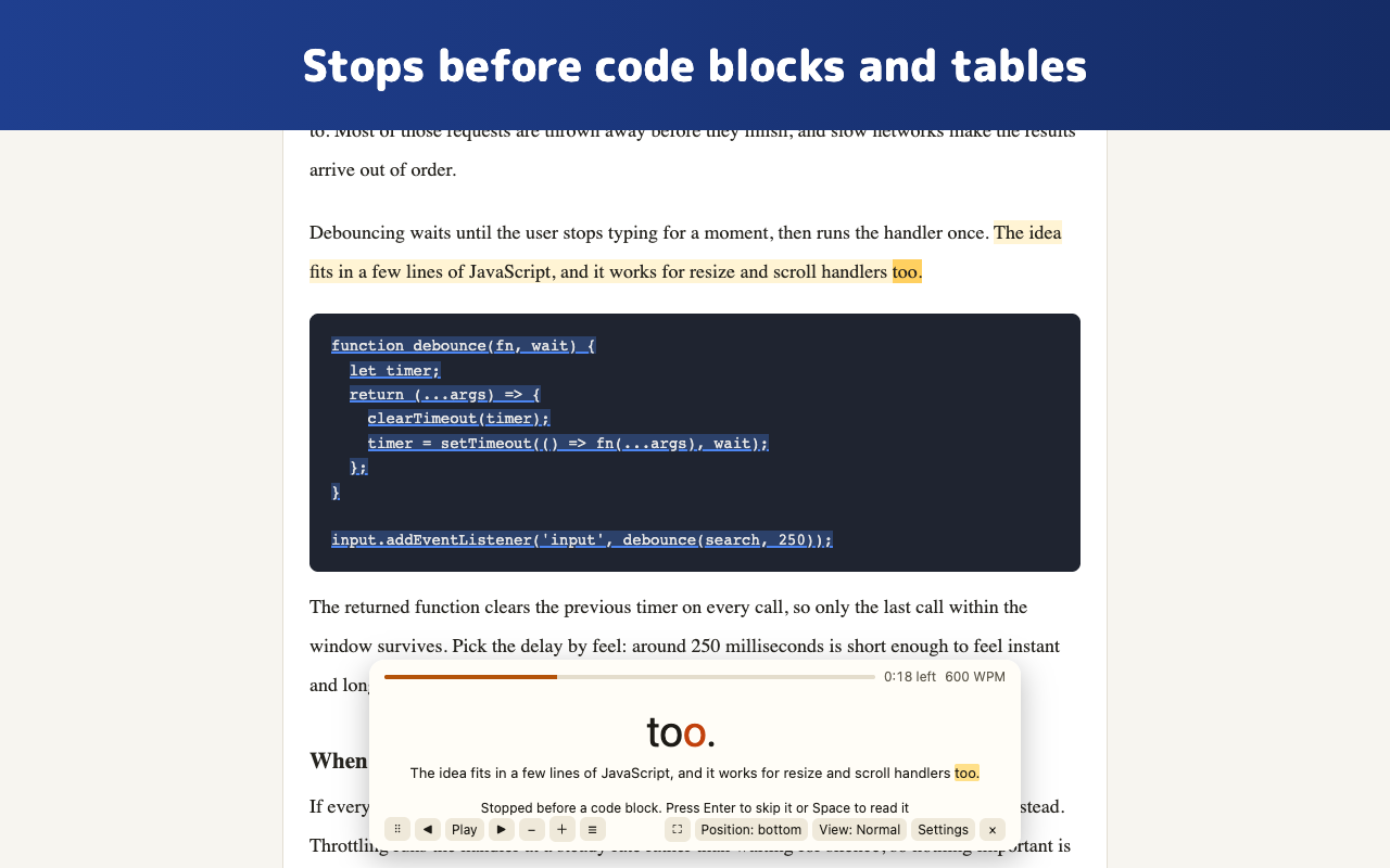 Reading paused before a code block, with the code highlighted on the page